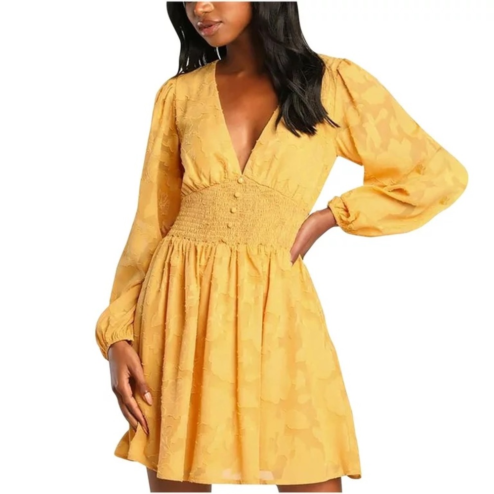 Lulus Gold Floral Embroidered Fit Flare Dress